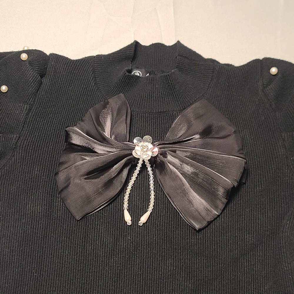 Albion Ribbed Knit Sweater Women Small Black Pearl Embellished Bow Mock Neck Top